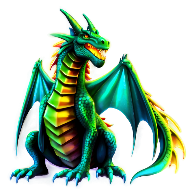 a green and yellow dragon sitting on the ground