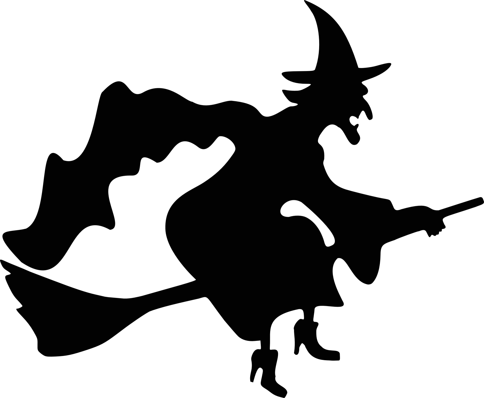 a black and white silhouette of a witch flying