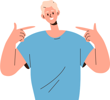 a man in a blue shirt pointing his finger up