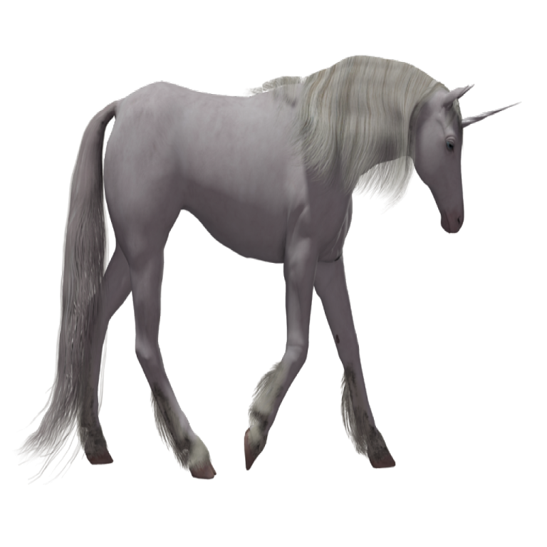 a gray unicorn with long hair walking across the ground