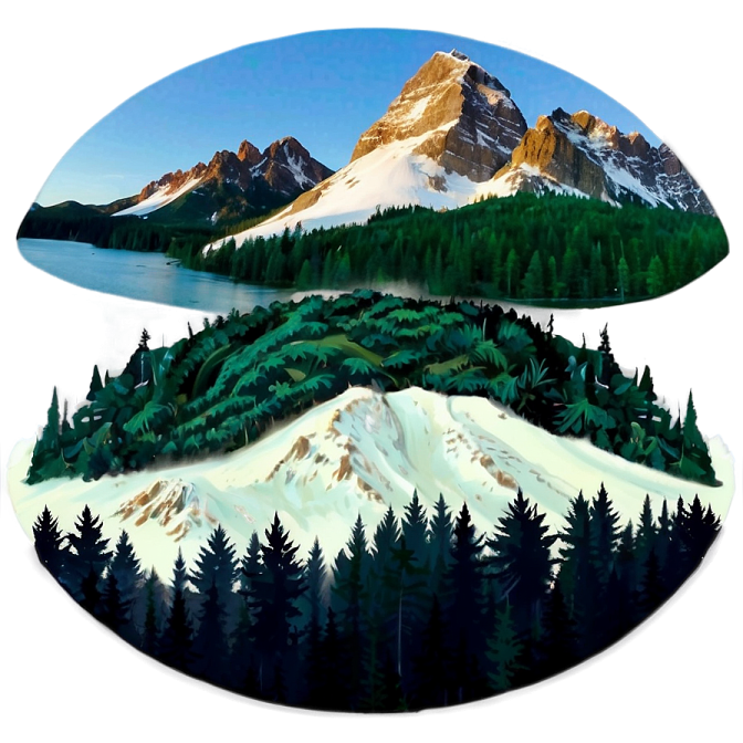 a painting of mountains, trees and water
