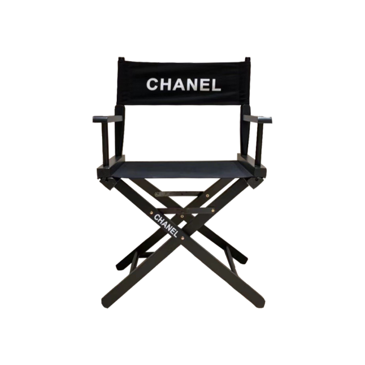 a black and white chair with the word chan on it