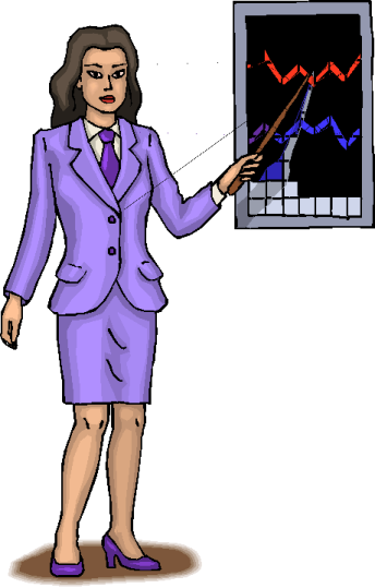 a woman in a business suit pointing at a screen