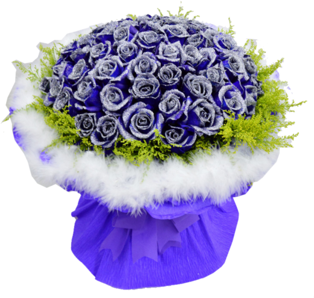 a bouquet of blue roses and white feathers