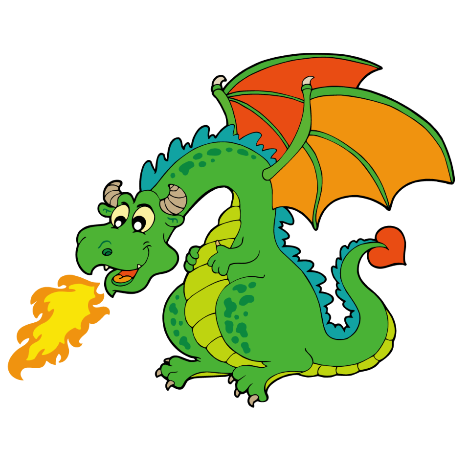 a green dragon with orange wings and an orange tail