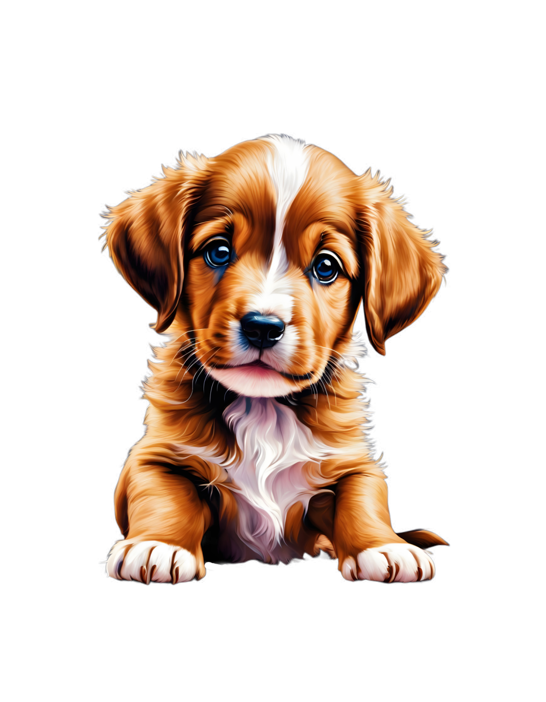 a brown and white puppy dog with blue eyes