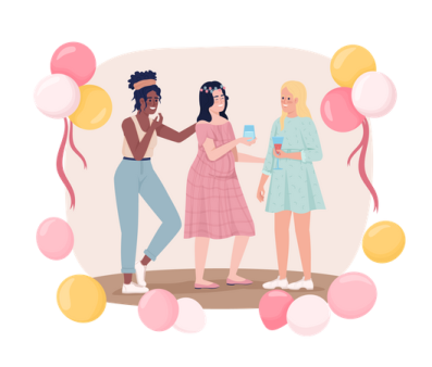 a group of women standing in front of balloons