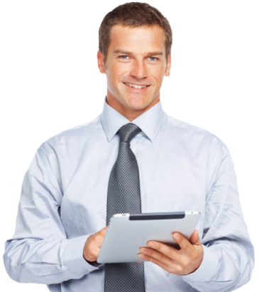 a man in a blue shirt and tie holding a tablet