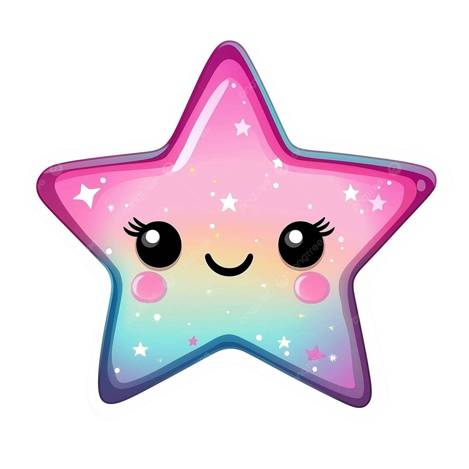 a pink star with eyes and stars on it