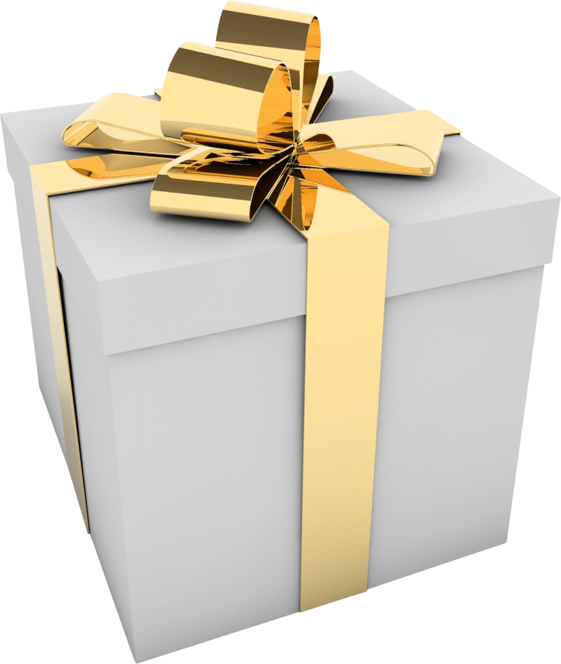 a white gift box with a gold bow