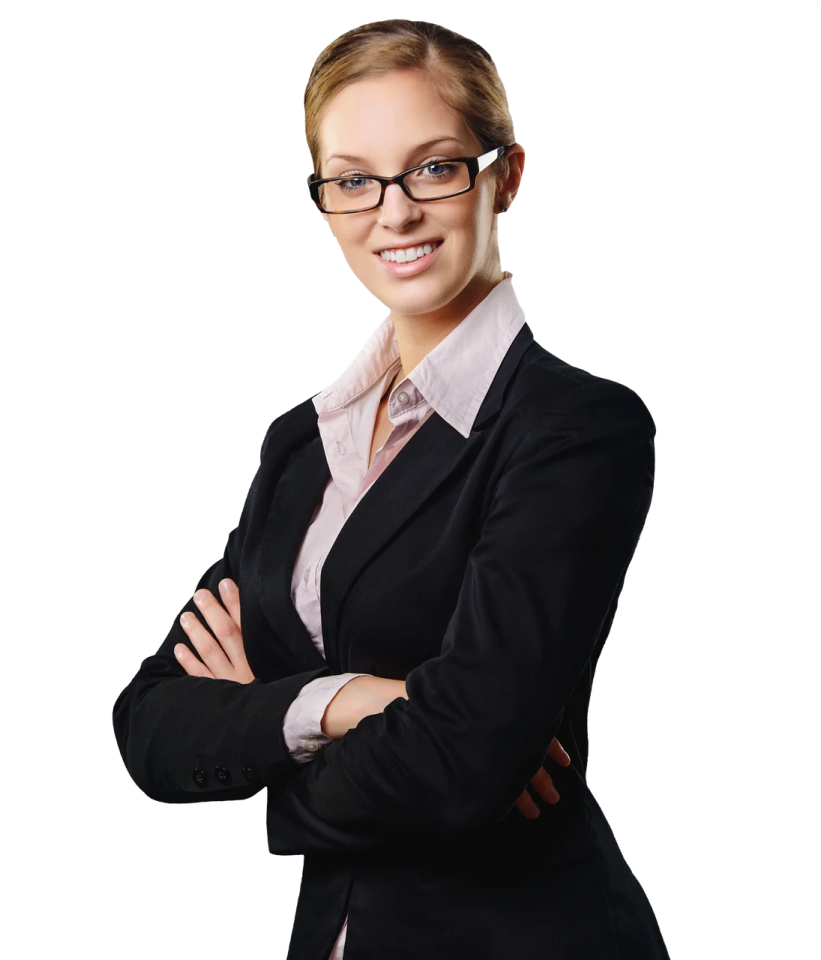 a woman in a business suit and glasses