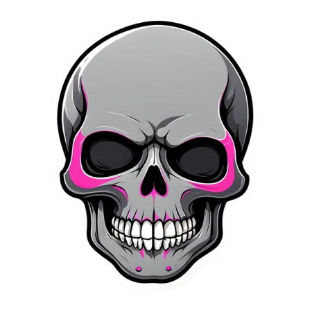 a skull with pink eyes on a white background