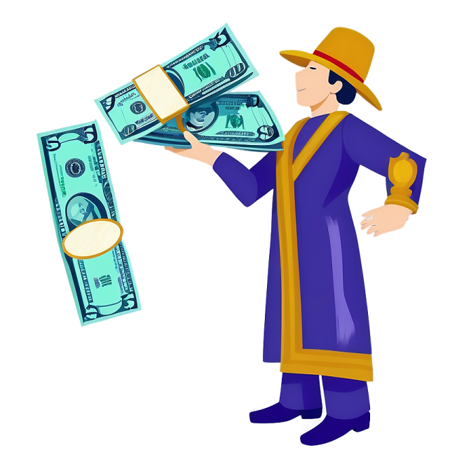a man in a hat and coat holding money
