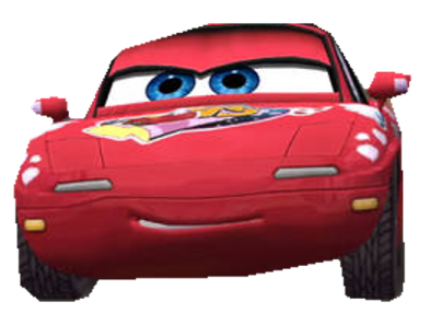 a red car with blue eyes and a white background