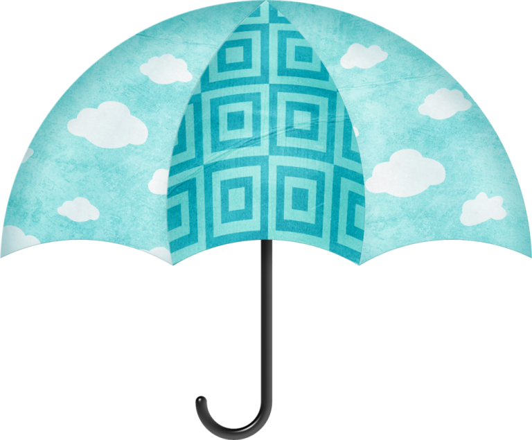 a blue and white umbrella with clouds on it