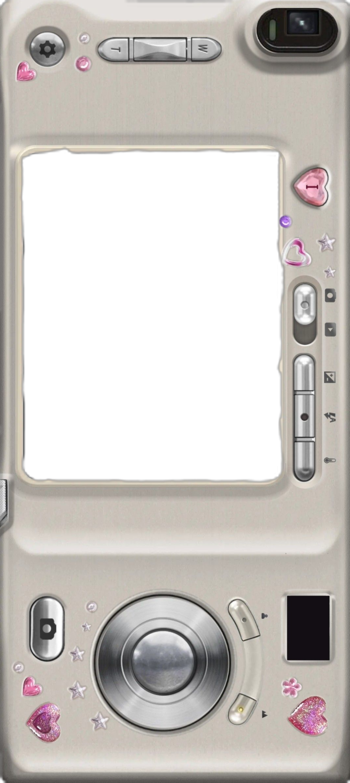 a white camera with pink flowers and hearts on it