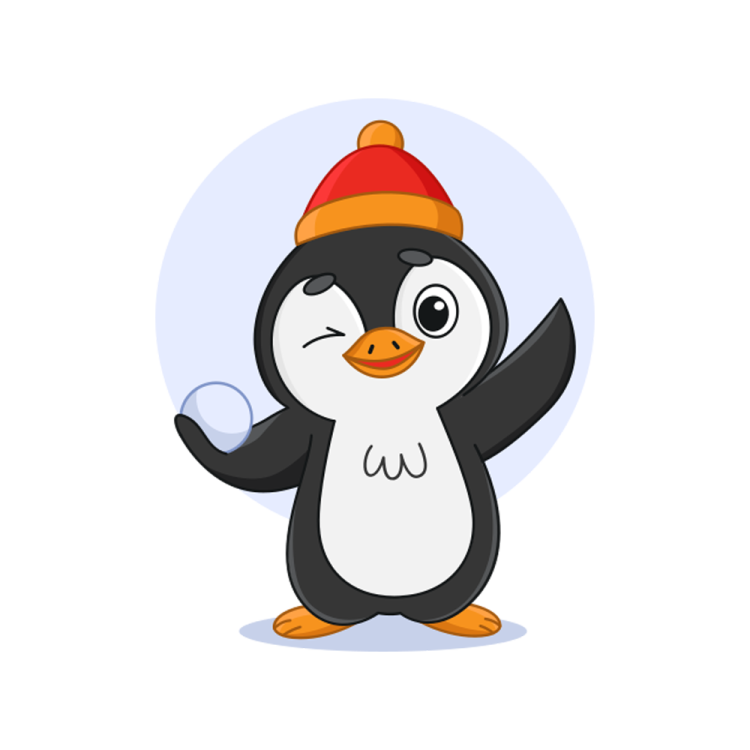 a cartoon penguin wearing a red hat and waving