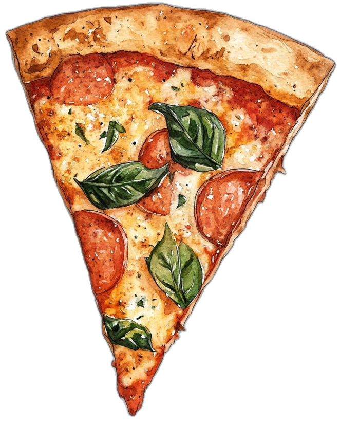 a slice of pizza with basil leaves on it