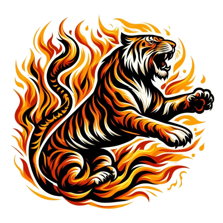a tiger in flames on a white background