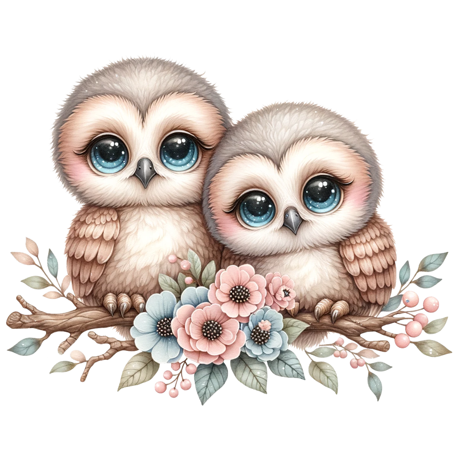 two cute owls sitting on a branch with flowers