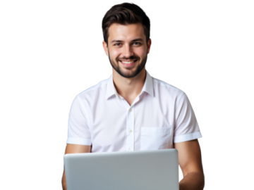 a man sitting in front of a laptop