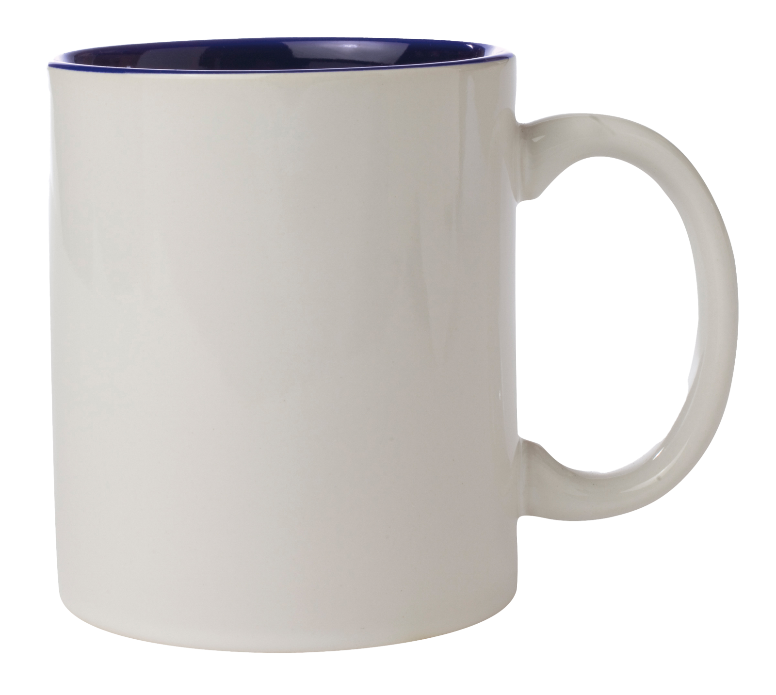 a white mug with a blue rim