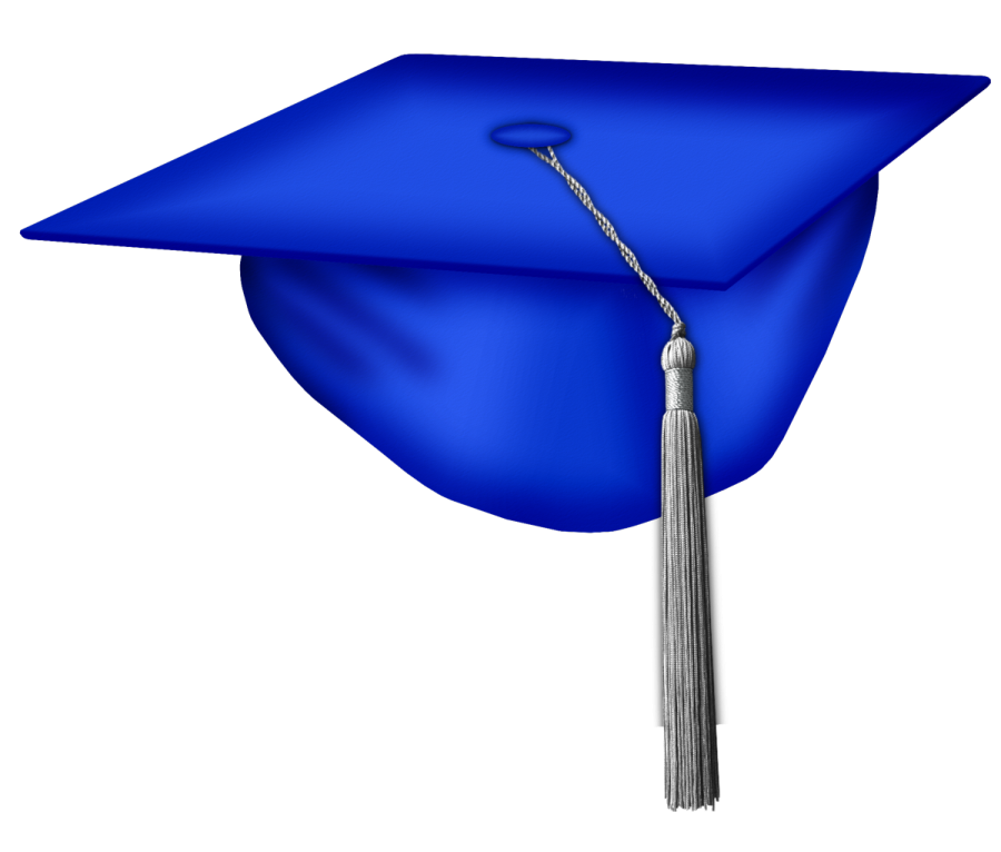 a blue graduation cap with a ta