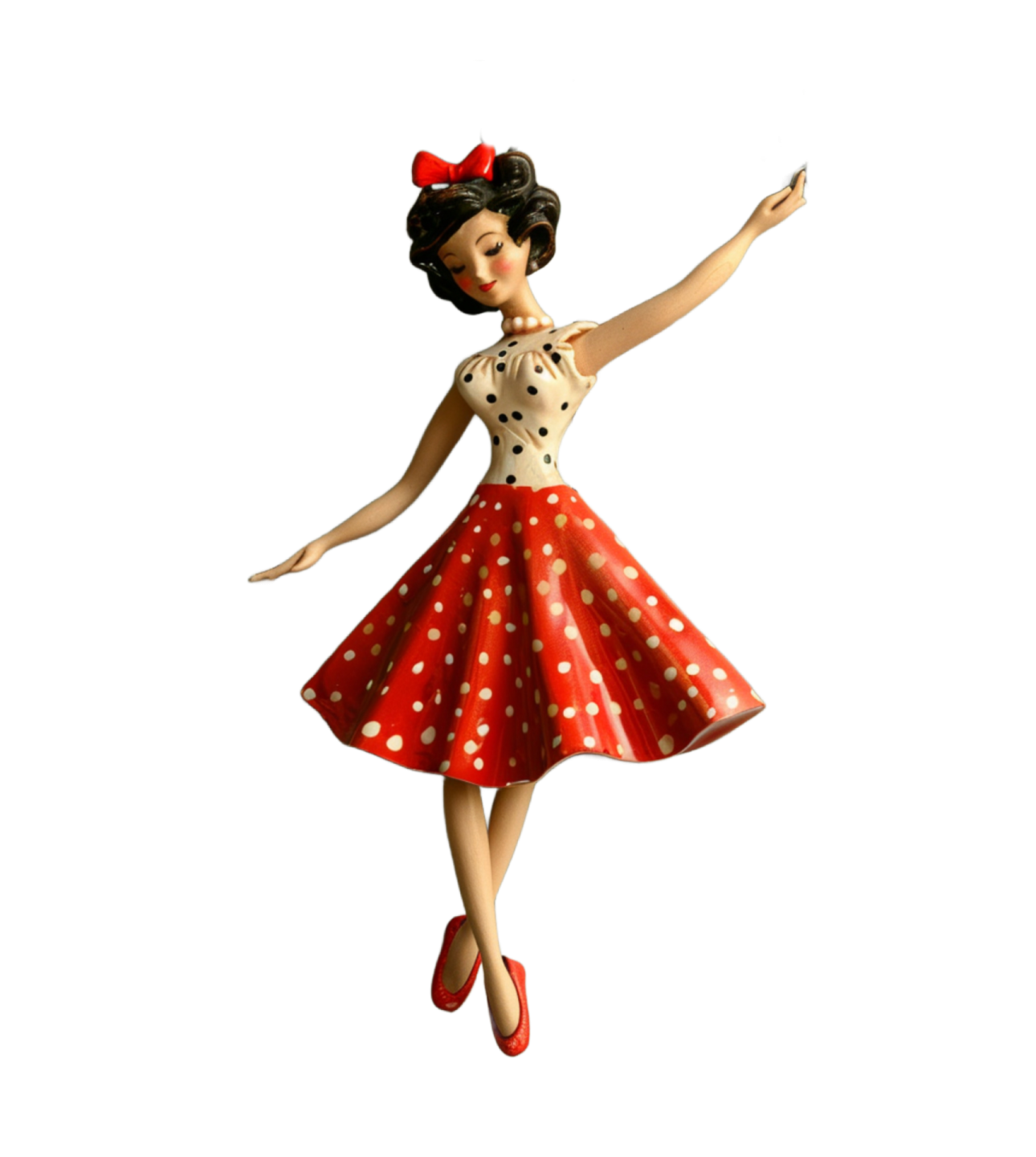 a woman in a red and white polka dot dress