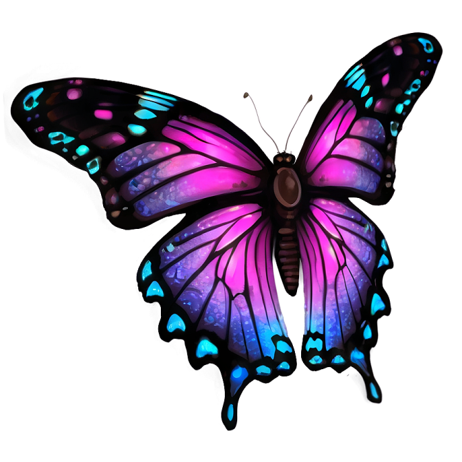 a purple butterfly with blue and pink wings