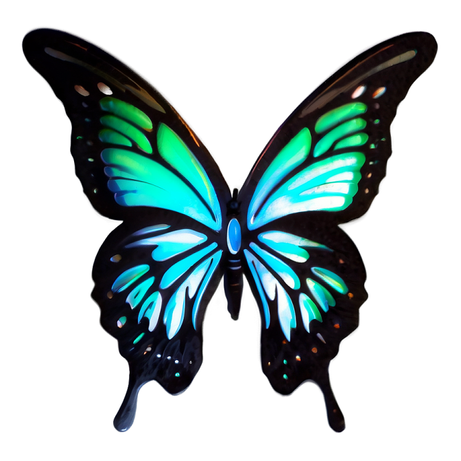 a blue and green butterfly on a white background