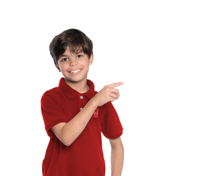 a boy in a red polo shirt pointing at the camera