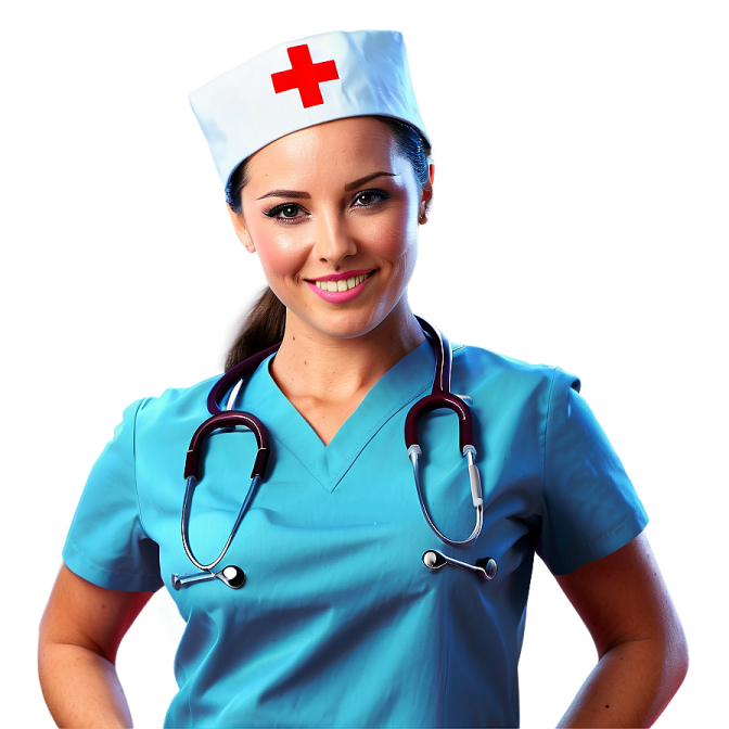 a woman wearing a blue scrub suit and a red cross on her chest