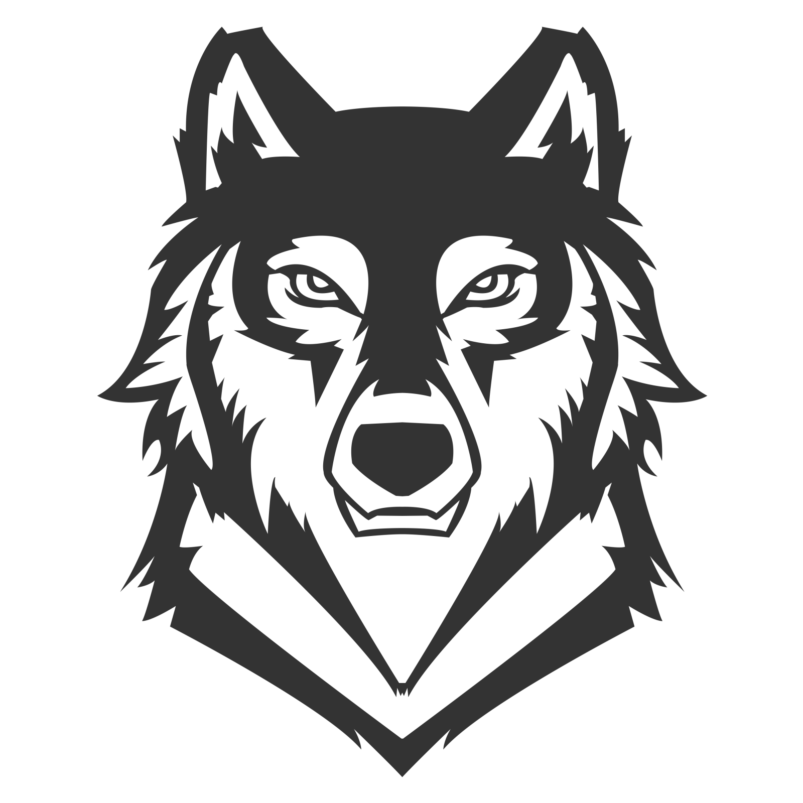 a black and white wolf head on a white background