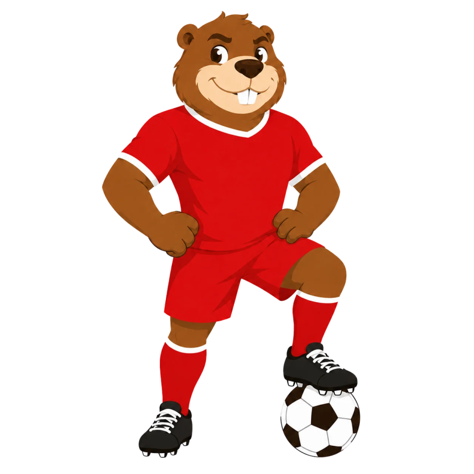 a cartoon bear in a red shirt and soccer shoes