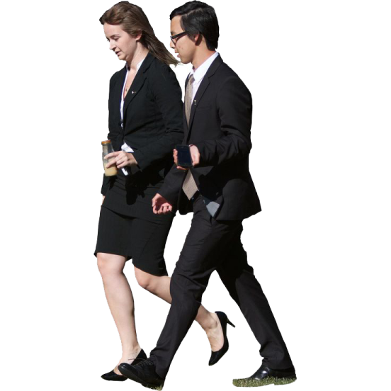 a man and woman in business attire walking together
