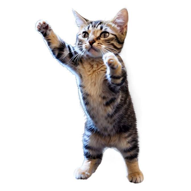 a small kitten standing on its hinds