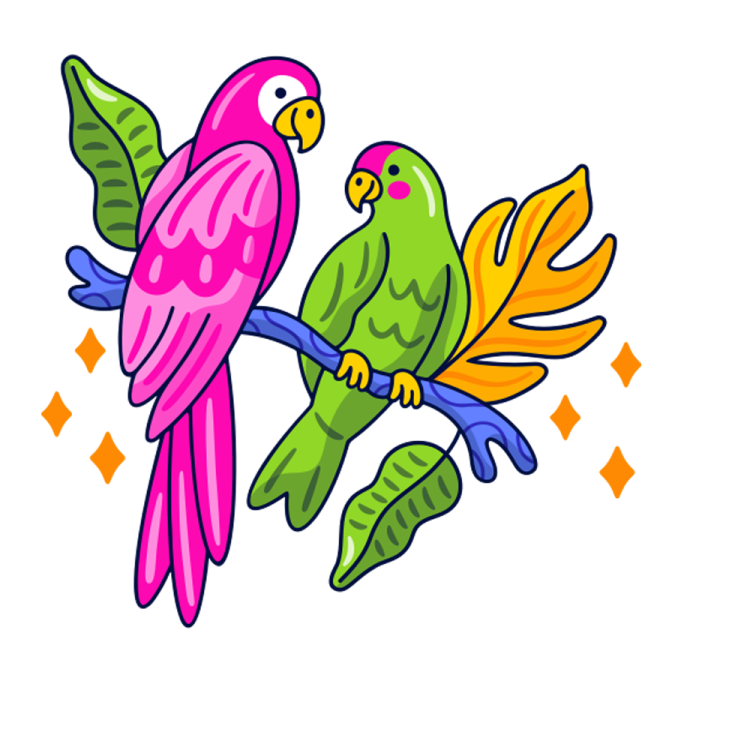 two colorful parrots sitting on a branch