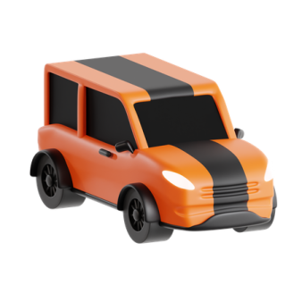 a toy car with black and orange stripes