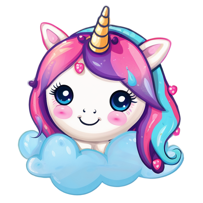 a cute unicorn sitting on top of a cloud