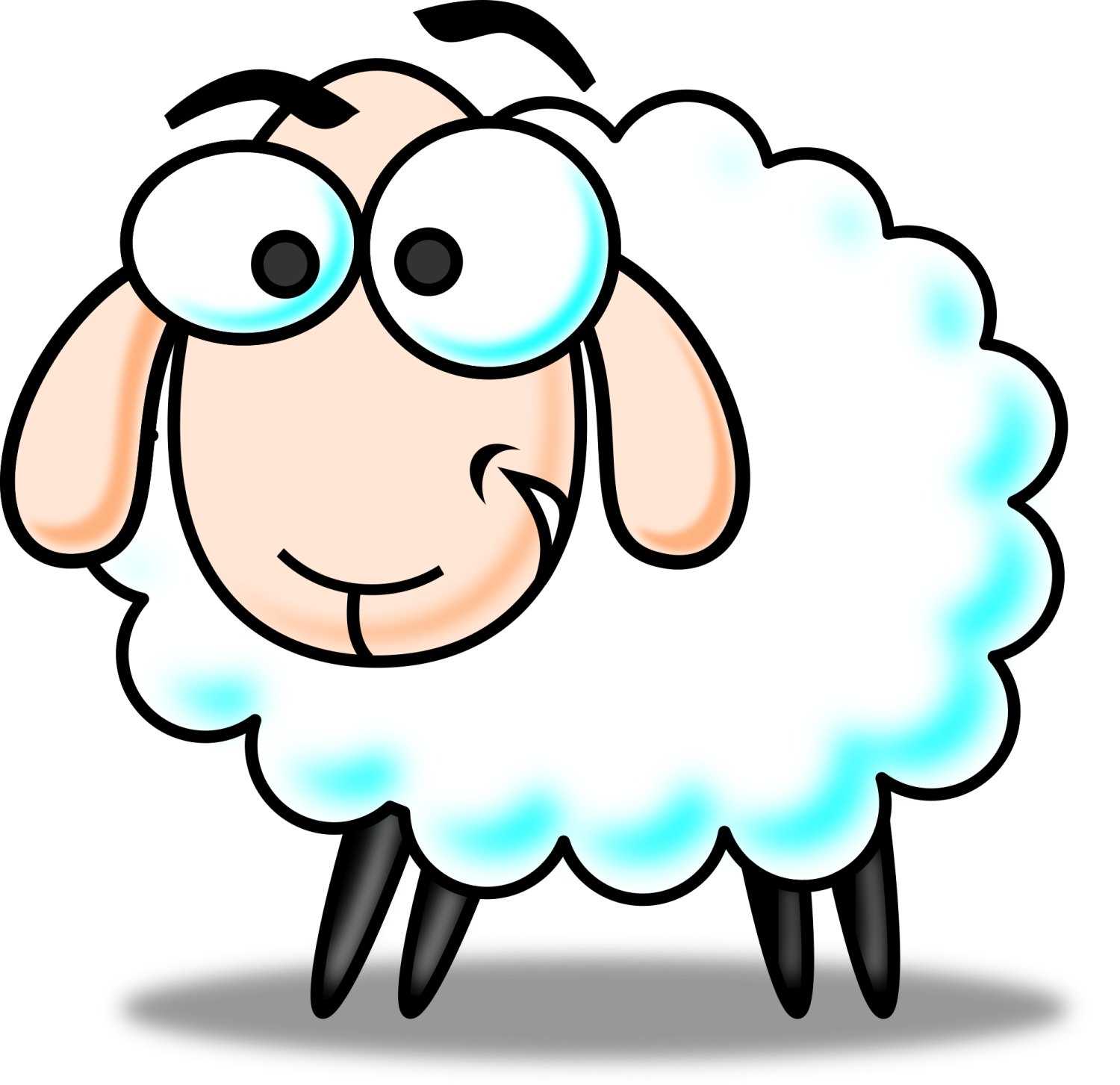 a cartoon sheep with blue eyes