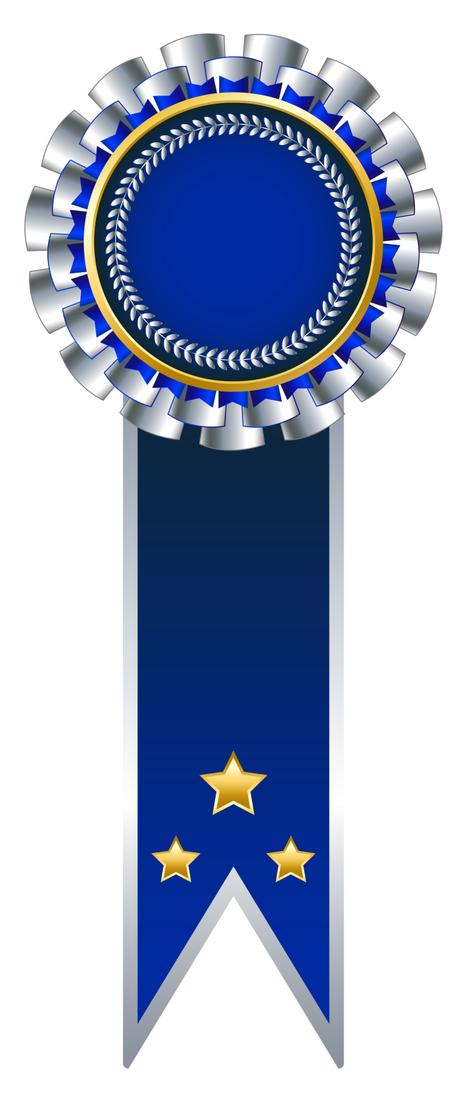 a blue and silver award ribbon with gold stars