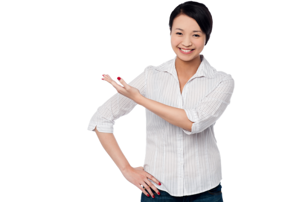 a woman in a white shirt pointing at the camera