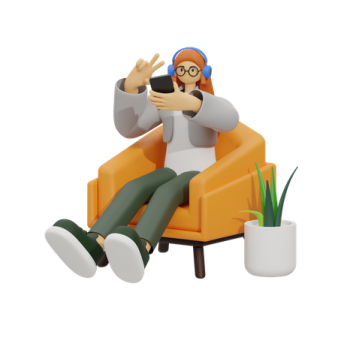 a person sitting in an orange chair with headphones on