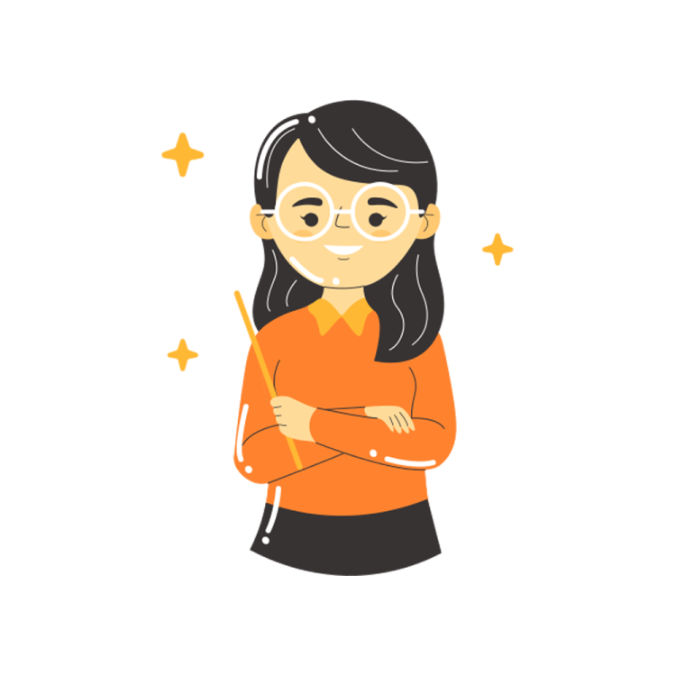 a woman in an orange shirt and glasses with her arms crossed