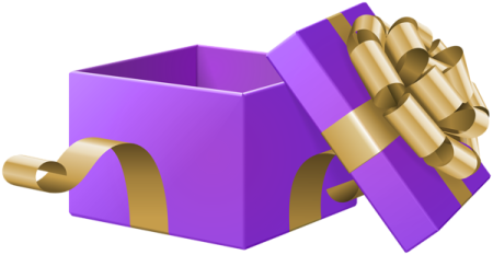 a purple gift box with a gold bow