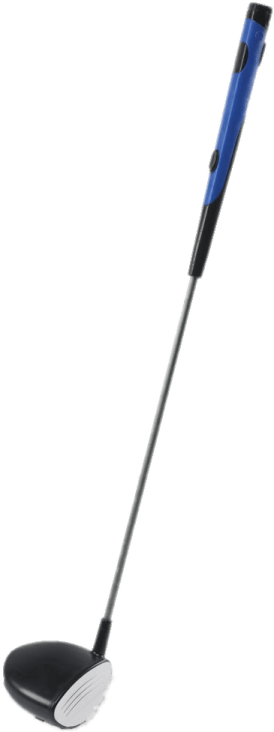 a blue and black golf putter with a white background