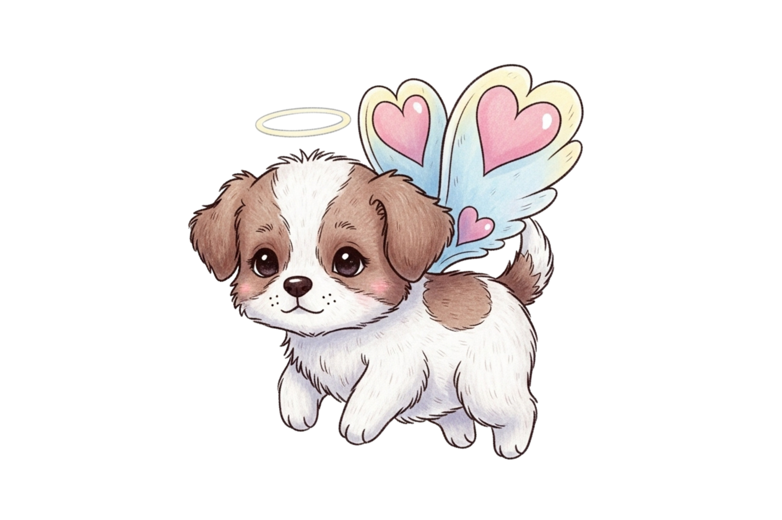 a little puppy with angel wings on his head