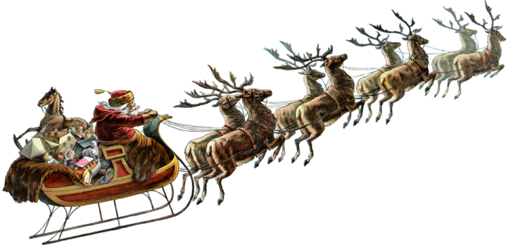 santa riding in his sler with reindeers