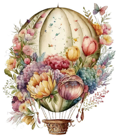 an illustration of a hot air balloon with flowers and butterflies