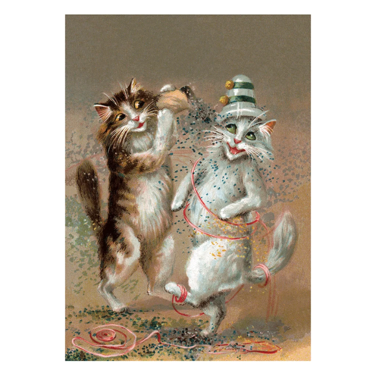 a painting of two cats playing with a ball